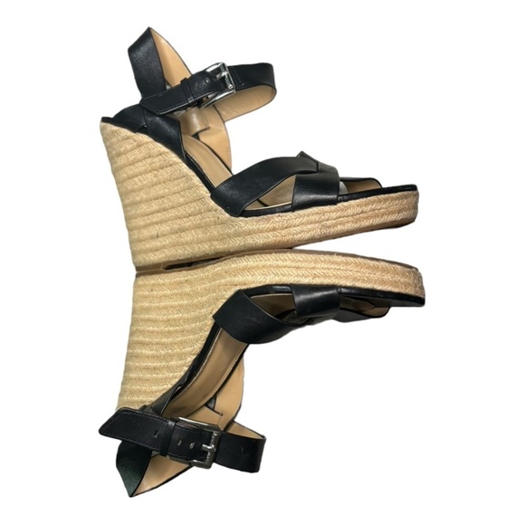 Michael Kors Black Leather Wedge Espadrille Sandals Size 10 Open Toe Ankle Strap - Picture 9 of 11
